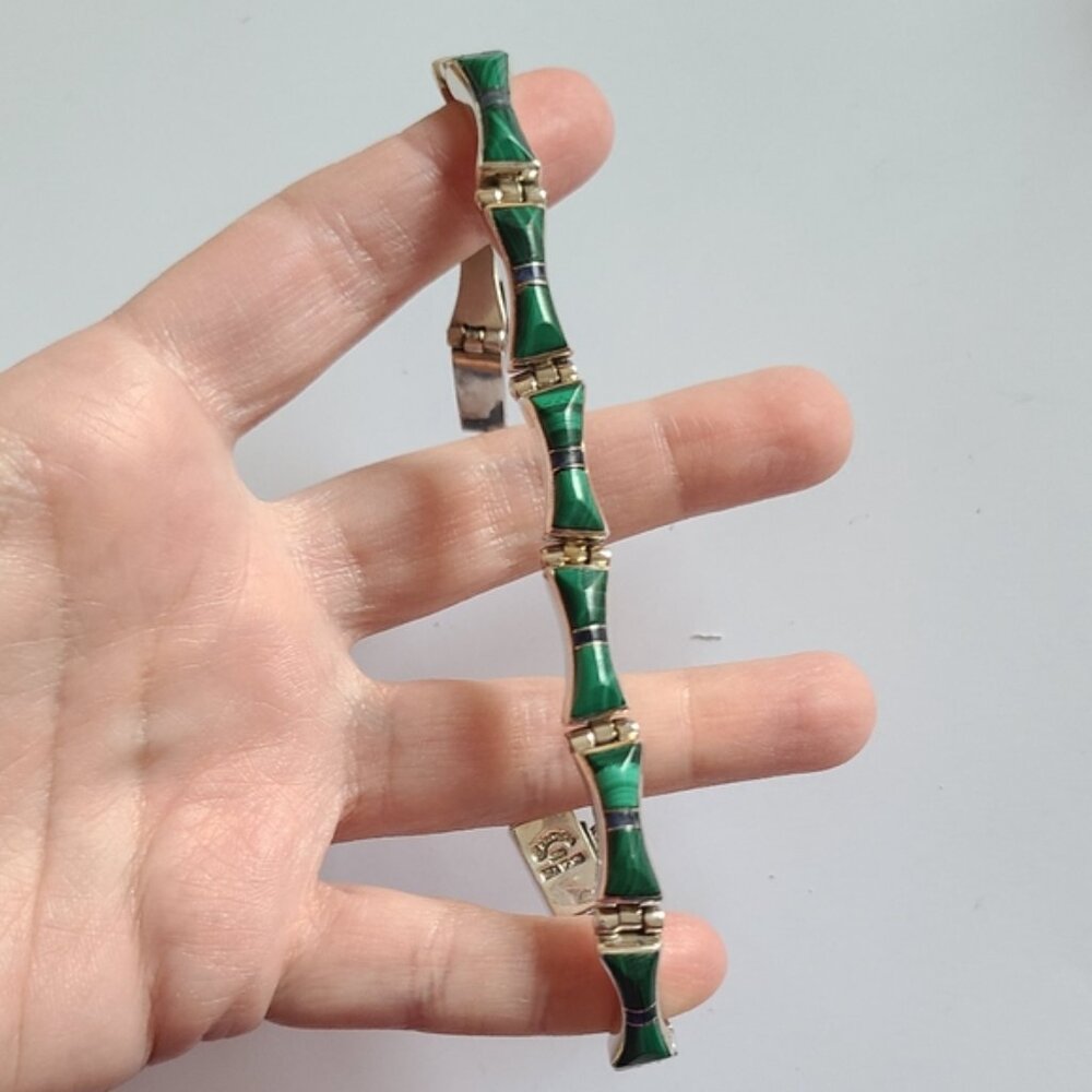Vintage Taxco Sterling Silver Green Agate Quiet Luxury Tennis Prep Boho Bracelet - Picture 5 of 6